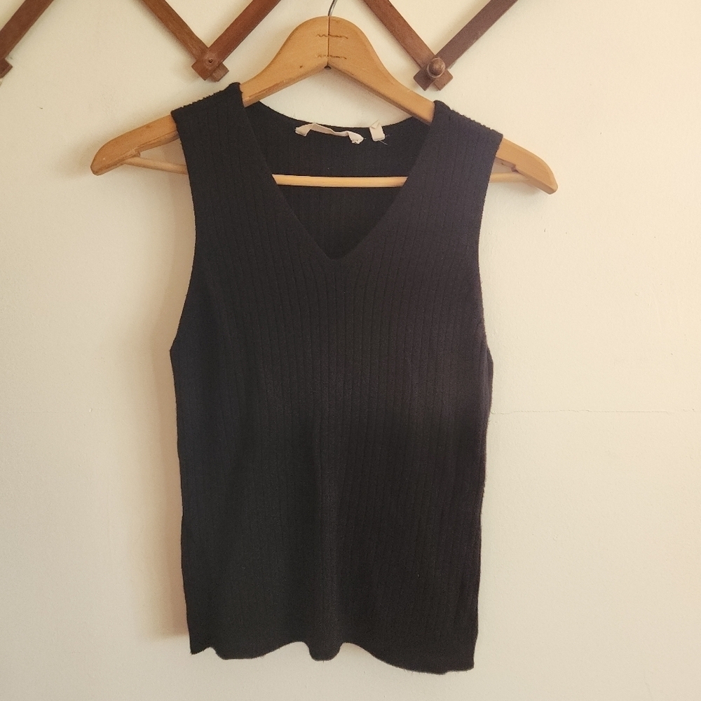 Soft Surroundings Ribbed Sweater V-Neck Sleeveless Tank Black Large Petite